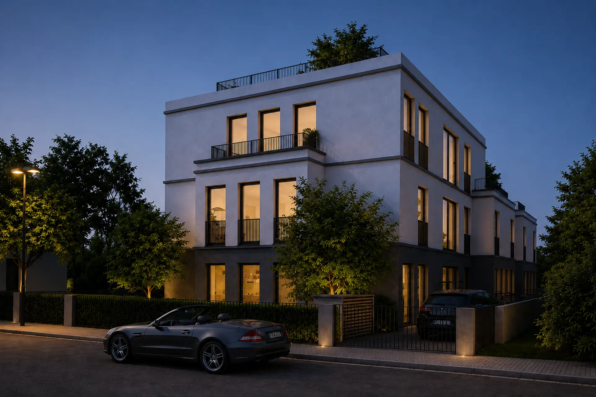 3D Architekturvisualisierung eines modernen Wohngebäudes in der Broßstraße (Frankfurt am Main) bei Dämmerung