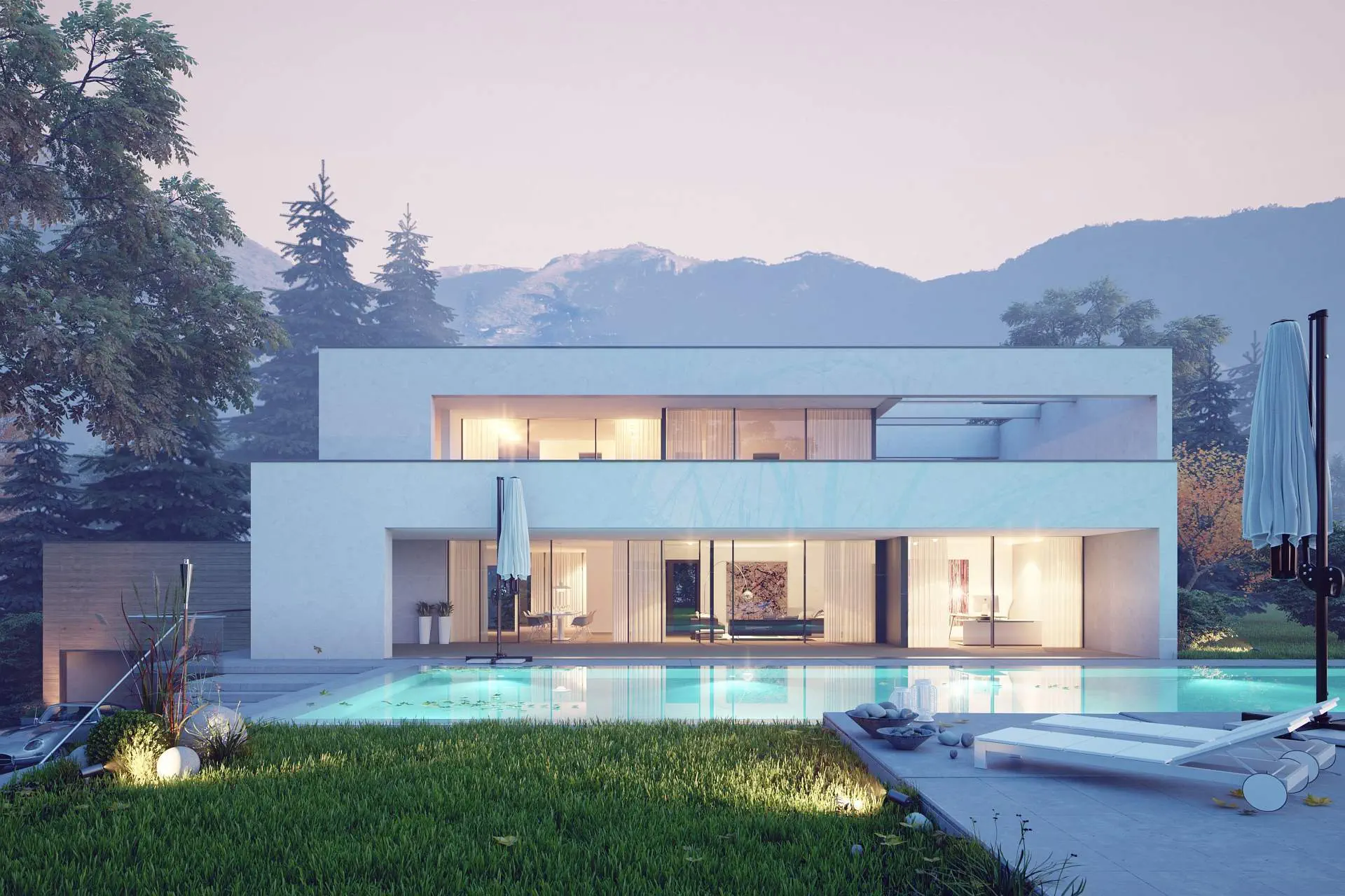 Fotorealistische 3D Architekturvisualisierung einer modernen Villa mit Pool in Palma de Mallorca bei Dämmerung