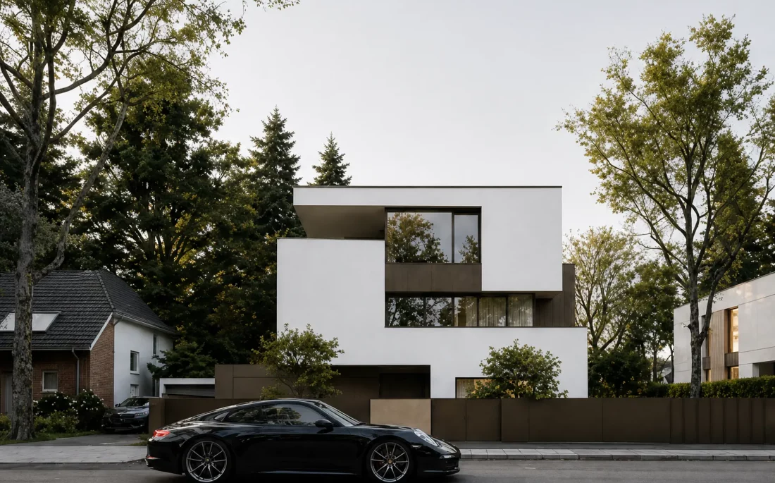 Fotorealistische 3D Architekturvisualisierung eines modernen Wohngebäudes in Leonhardsbrunn mit Sportwagen