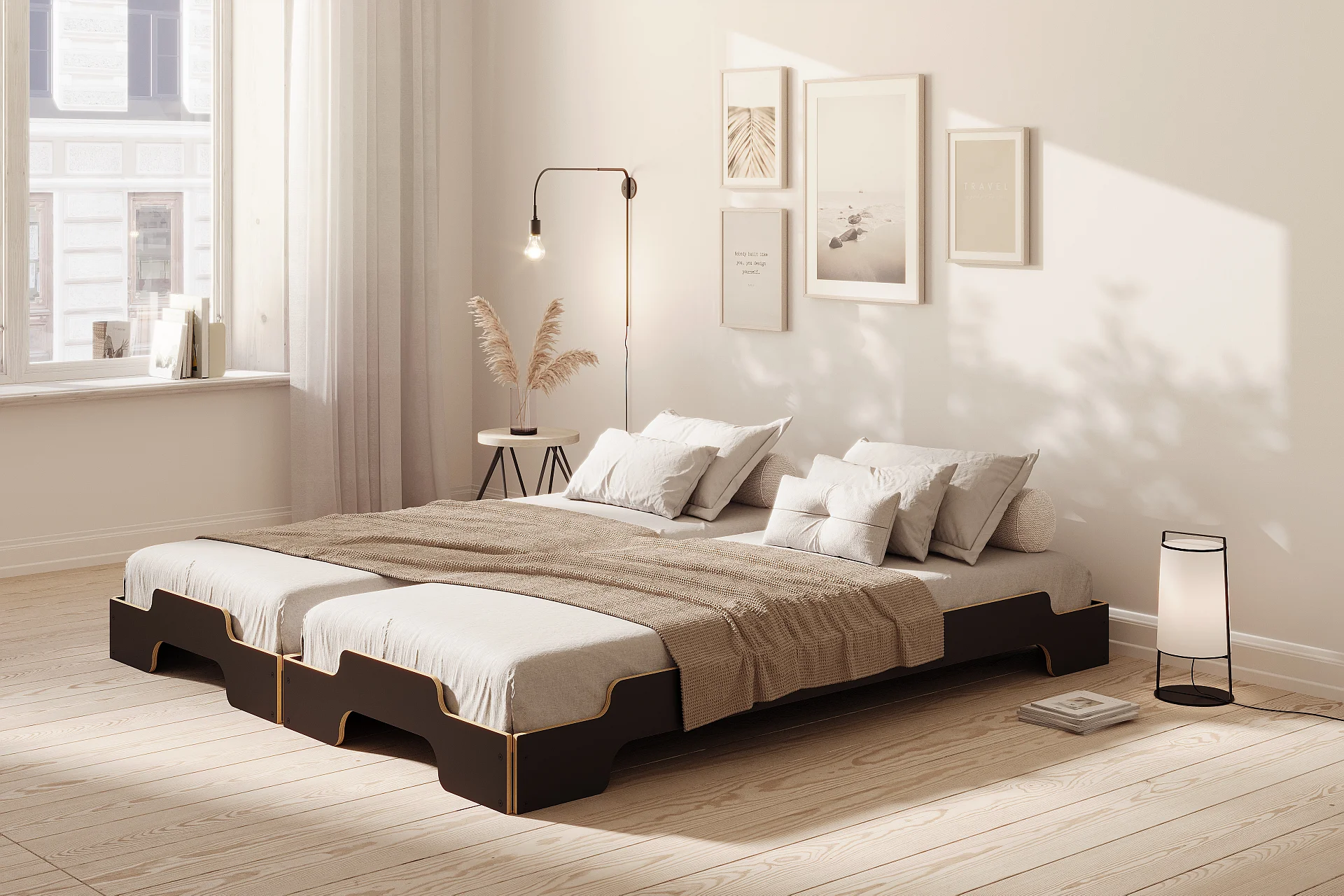 Fotorealistische 3D Möbelvisualisierung einer modernen Stapelliege in einem hellen, eleganten Schlafzimmer