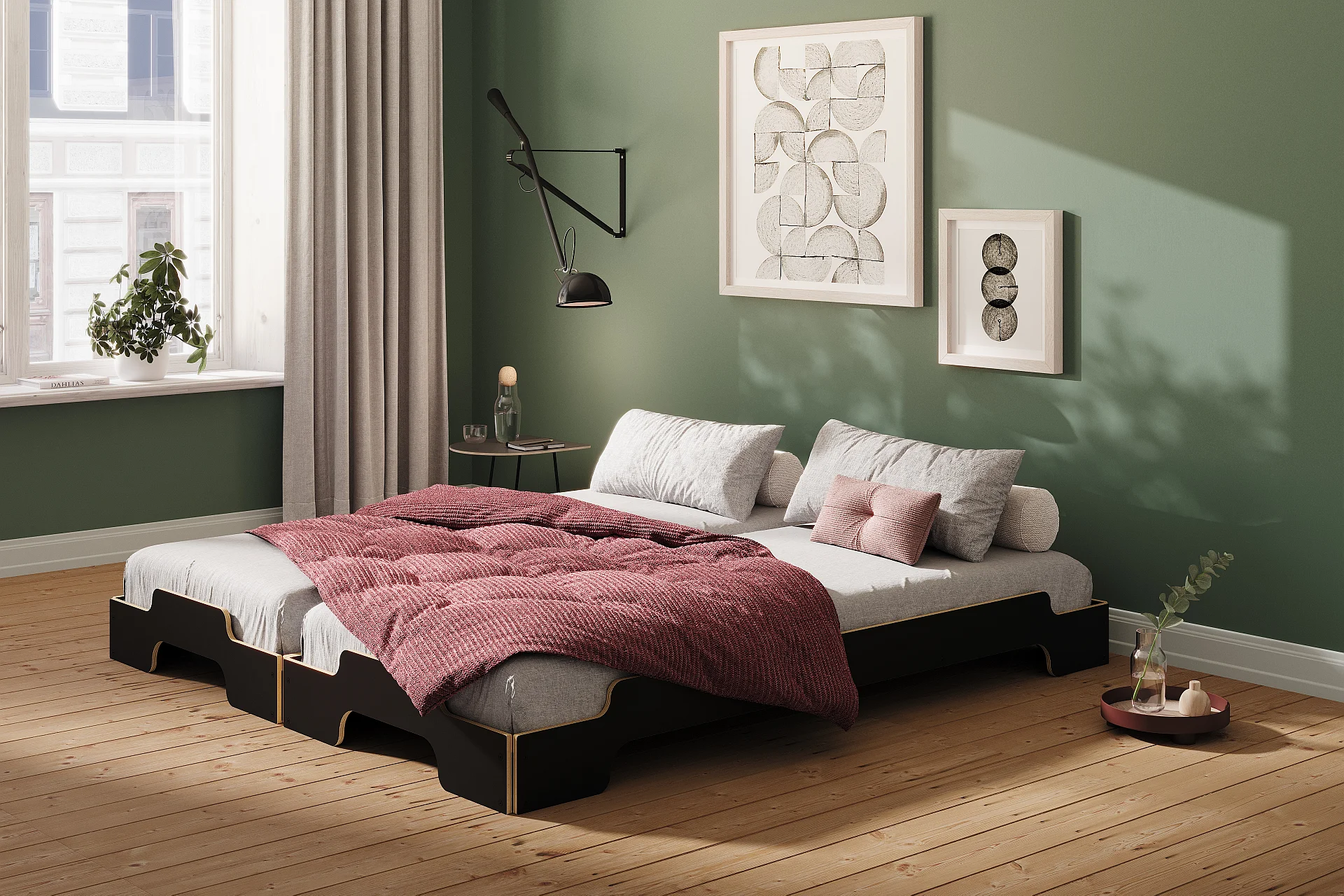 Fotorealistische 3D Möbelvisualisierung einer modernen Stapelliege in einem stilvollen Schlafzimmer