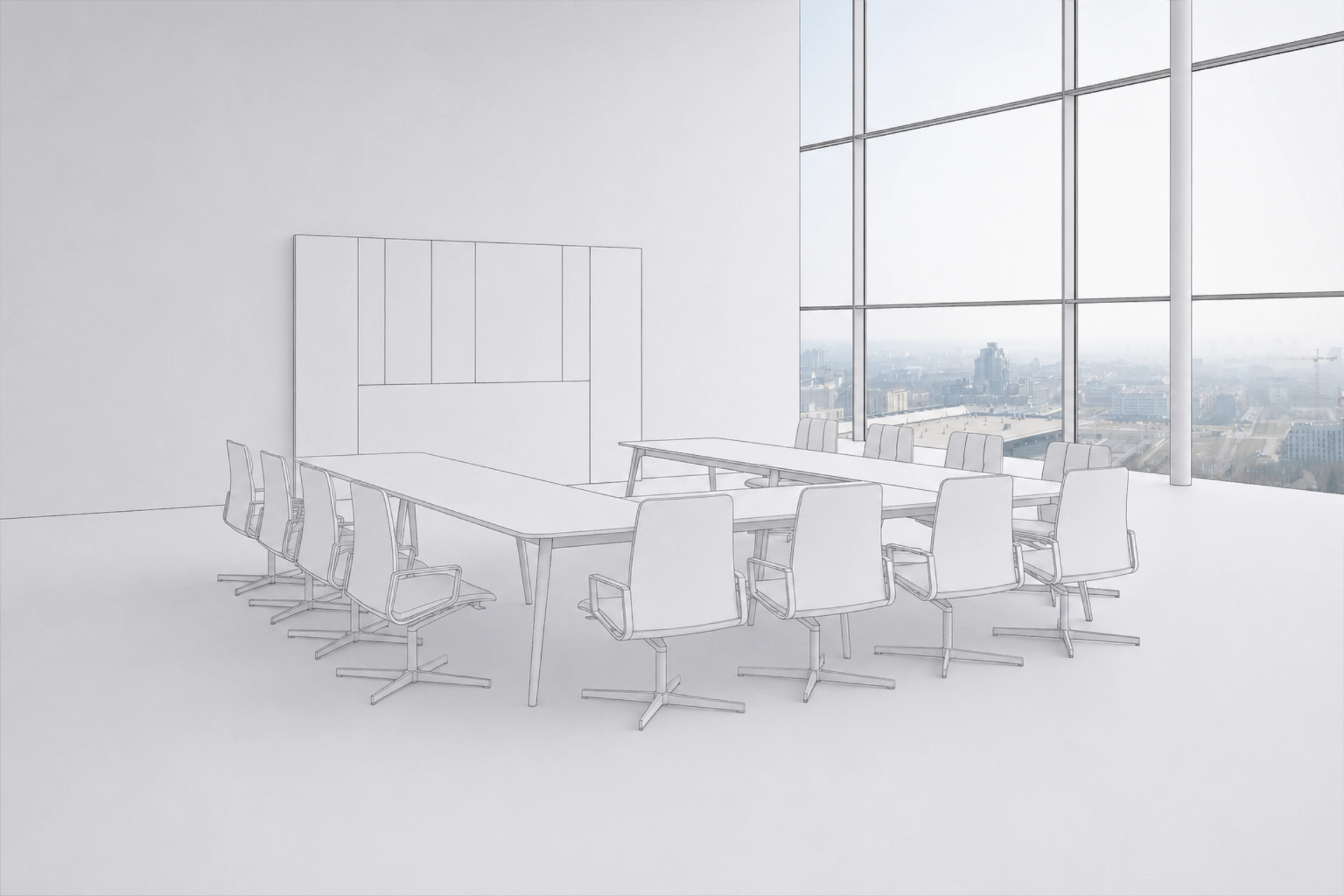 Fotorealistische 3D Möbelvisualisierung eines Konferenztischs mit Stühlen als Clay-Rendering in einem hellen Besprechungsraum