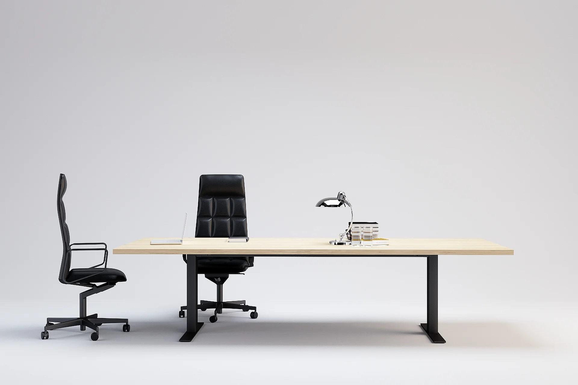 Fotorealistische 3D Möbelvisualisierung eines modernen Arbeitsplatzes mit Schreibtisch und ergonomischem Bürostuhl im Weißraumstudio
