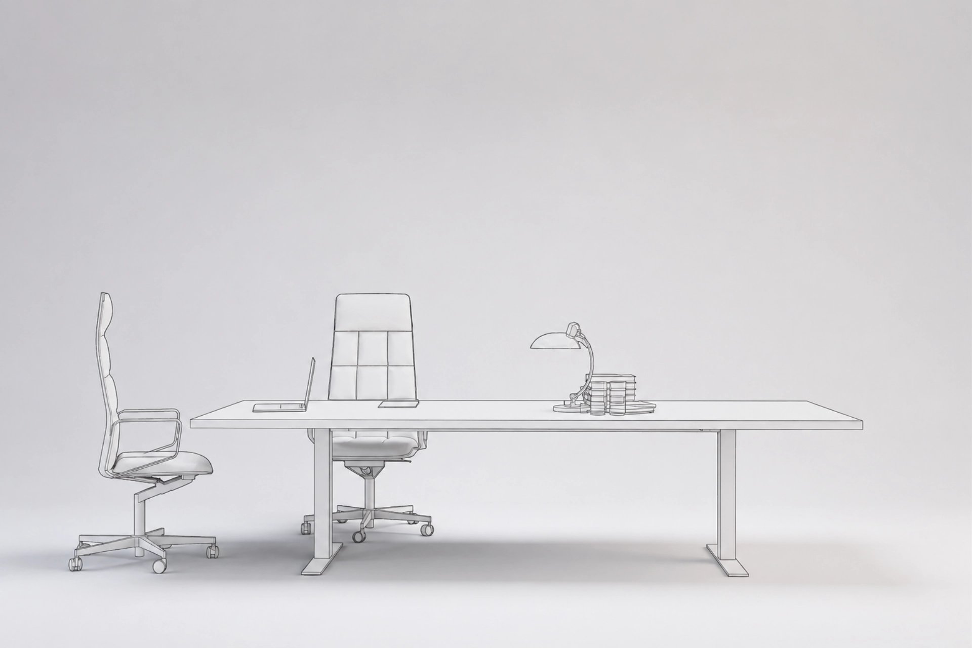 Fotorealistische 3D Möbelvisualisierung eines modernen Arbeitsplatzes mit Schreibtisch und Bürostühlen im Weißraumstudio