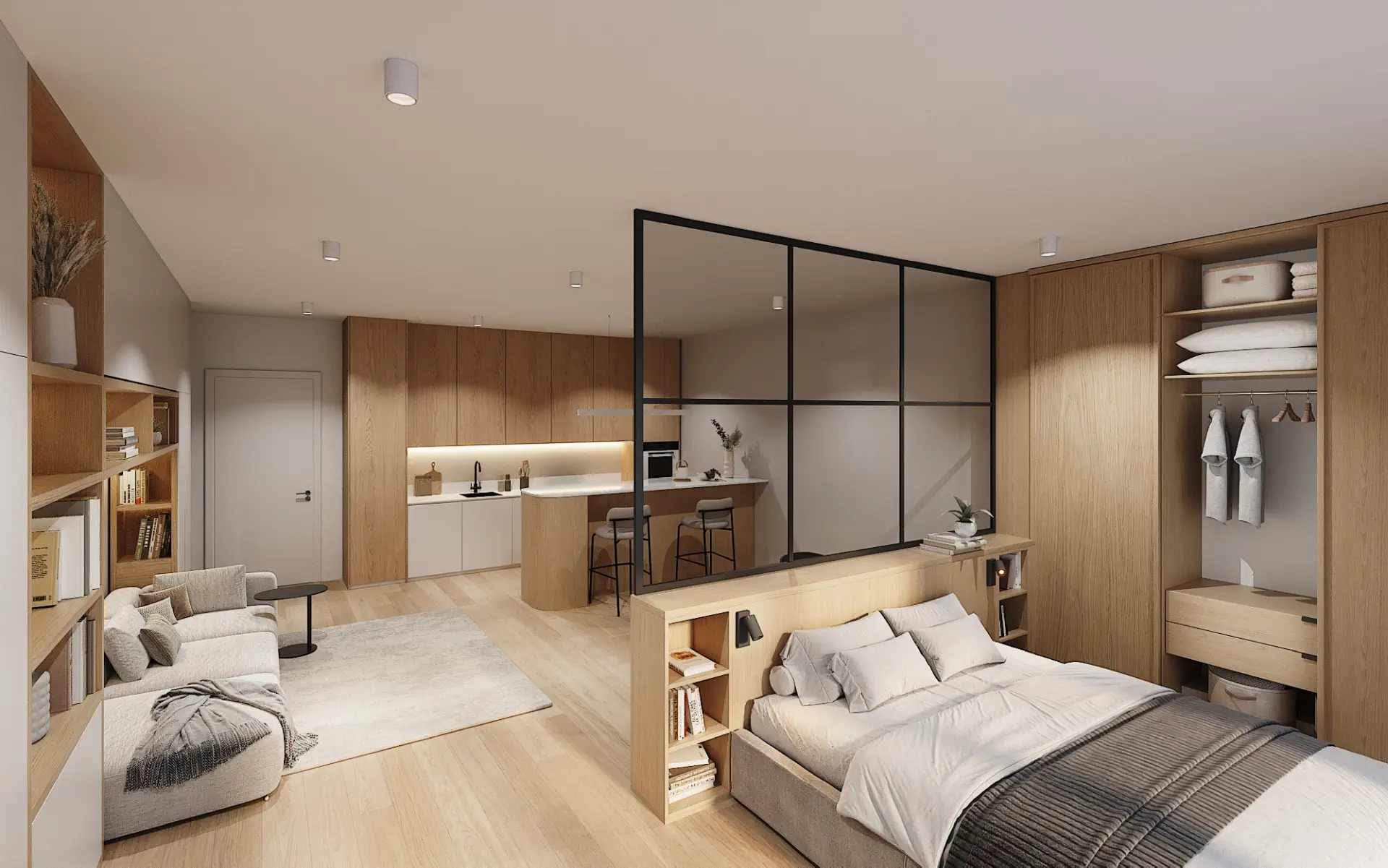 3D Innenraumvisualisierung eines modernen Einzimmerapartments mit offener Küche und Schlafbereich in Bayern