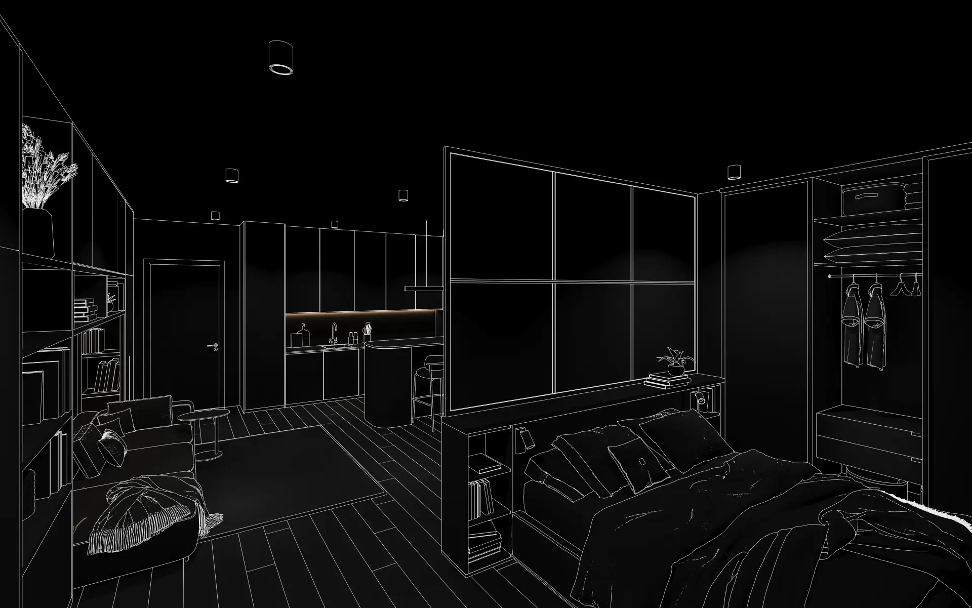 3D Innenraumvisualisierung eines Einzimmerapartments als Wireframe Rendering in Bayern