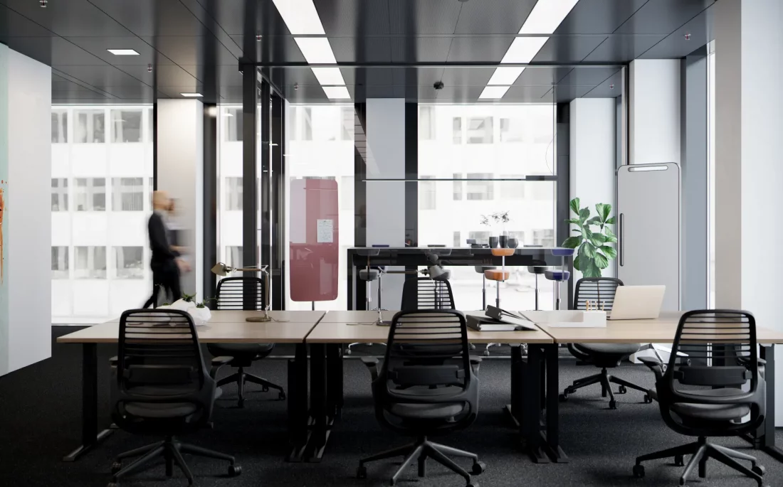 Photorealistische 3D-Innenraumvisualisierung eines modernen Großraumbüros im Taunusturm mit ergonomischen Arbeitsplätzen, stilvollen Bürostühlen, Teambesprechungsbereichen und Passanten im Hintergrund in Frankfurt am Main
