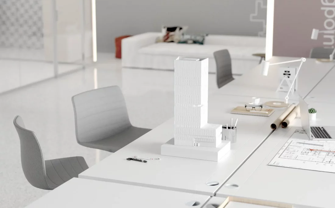 3D-gedrucktes Hochhausmodell auf einem Konferenztisch im modernen Architekturbüro